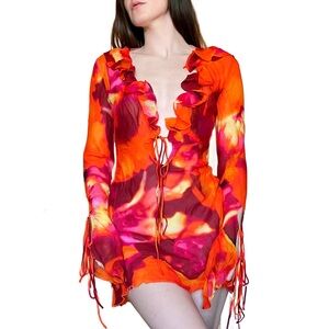 Rat & Boa Dali Fantini Printed Long Sleeve Semi Sheer Mini Dress Medium